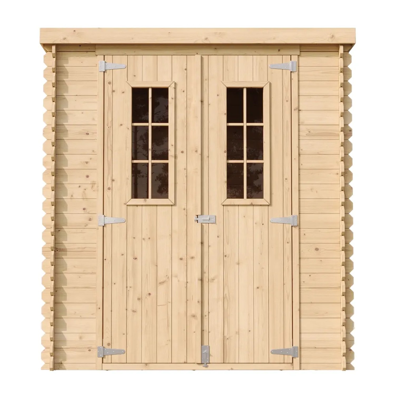 Timbela Holz-Gartenhaus M309C mit Doppeltür und Fenstern, unbehandeltes Holz.