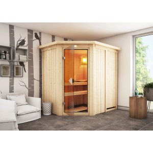 Karibu Sauna Cleo mit LED-Dachkranz aus Naturholz, Eckeinstieg und Glastür in Bronze. Inklusive Bänke.