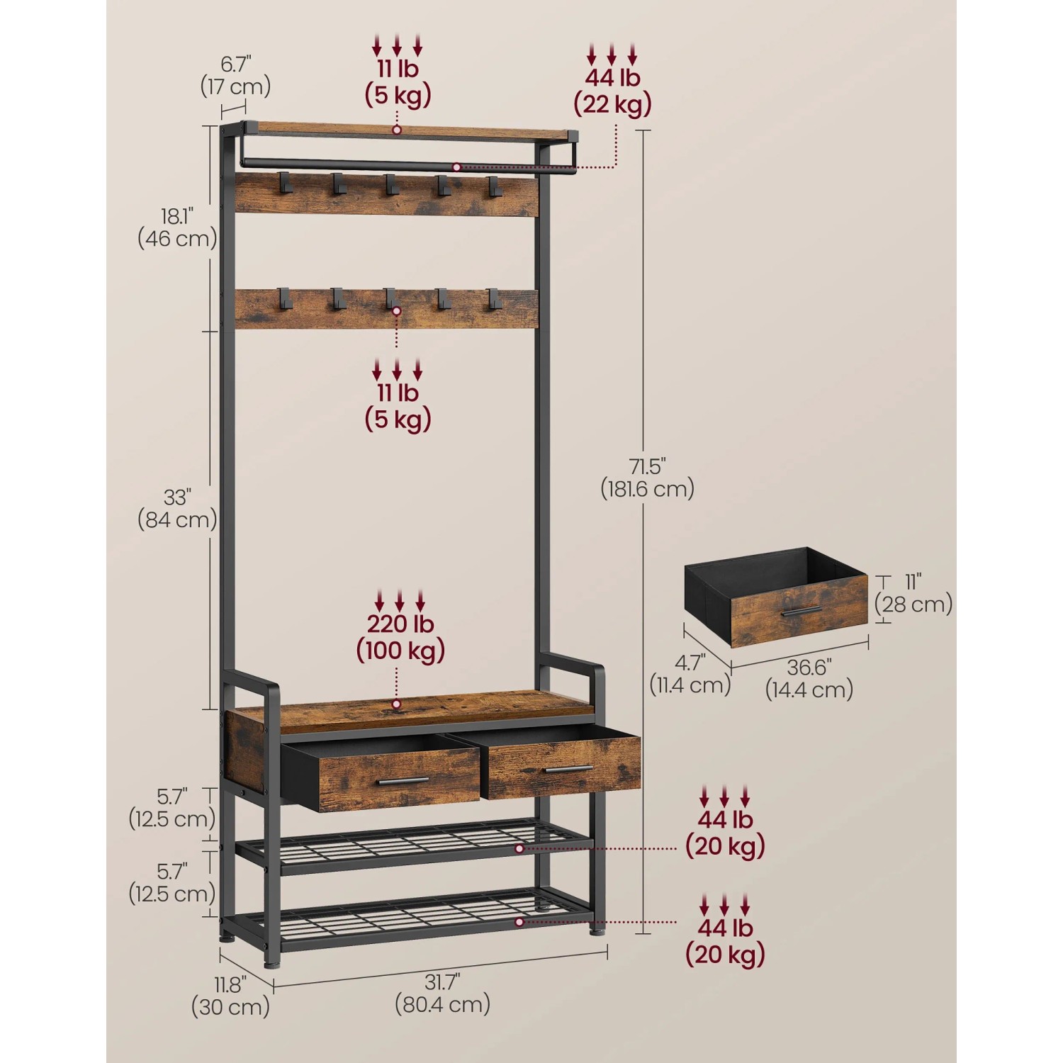 Songmics Garderobenständer Dacey, braun-schwarz, mit Haken, Schubladen und Schuhregal. Ideal für Flur und Eingangsbereich.