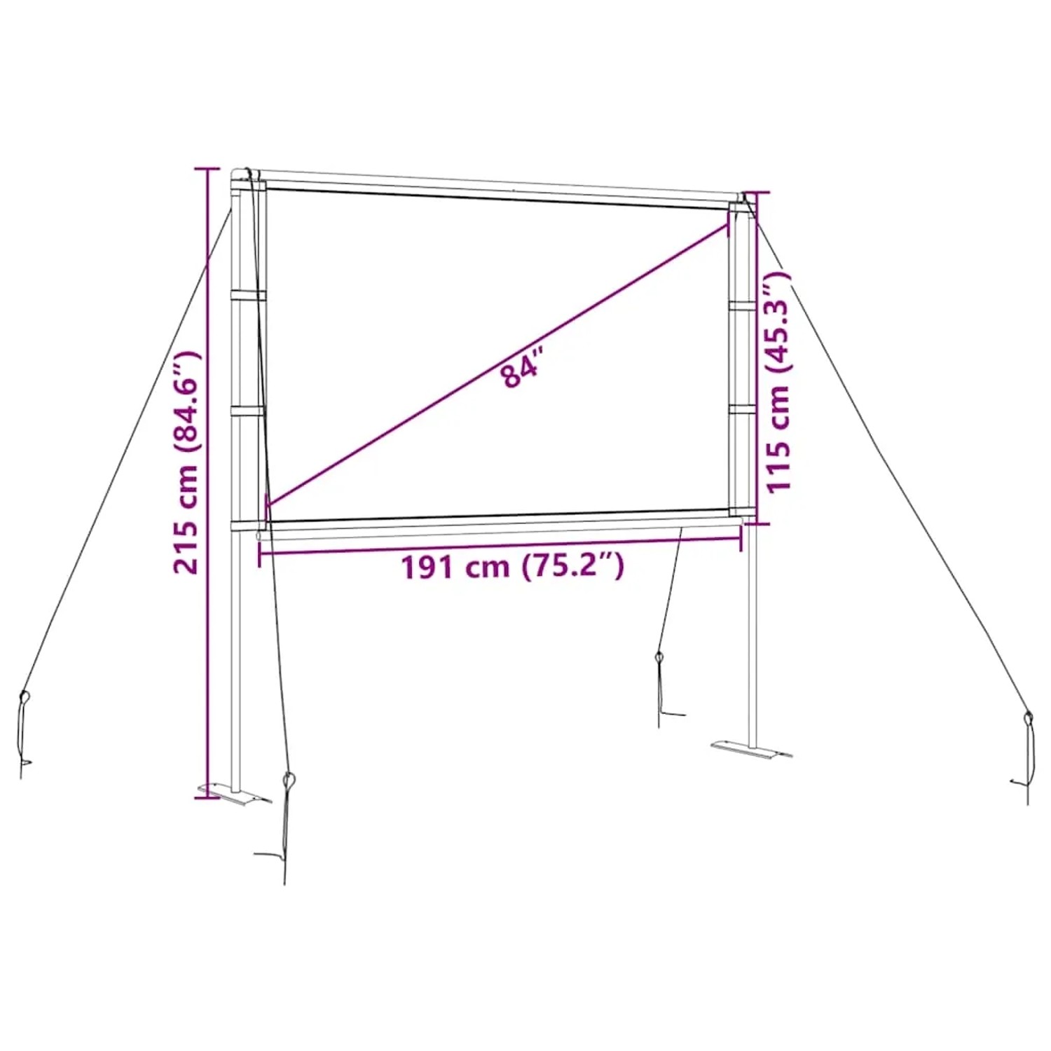 Maßzeichnung einer 84 Zoll (16:9) Projektionsleinwand mit Ständern, 191x115 cm Bildschirm, 215 cm Gesamthöhe.