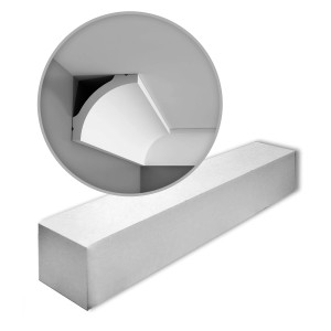 ORAC DECOR Zierleisten Set, 4 weiße Stuckleisten (8m) für Paneele. Detailaufnahme der Eckanwendung.