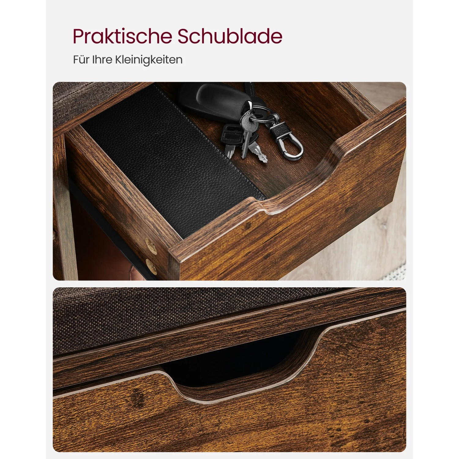 Detailansicht: Vintagebraune Schuhbank mit Schublade für Schlüssel und gepolsterter Sitzfläche.