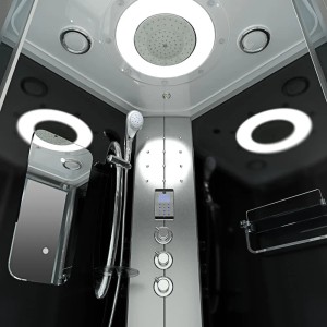 Innenansicht der AcquaVapore Duschkabine 100x100 mit Regendusche, Handbrause und Bedienfeld.