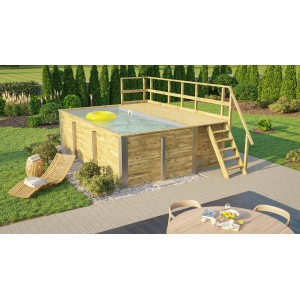 Weka Holzpool mit Sonnendeck und Technikraum, hellgraue Folie, inklusive Sandfilteranlage.
