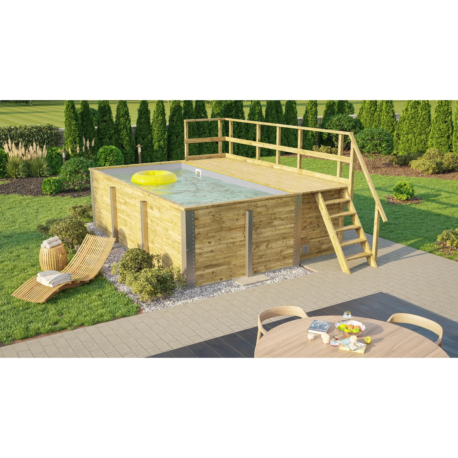Weka Holzpool mit Sonnendeck und Technikraum, hellgraue Folie, inklusive Sandfilteranlage.