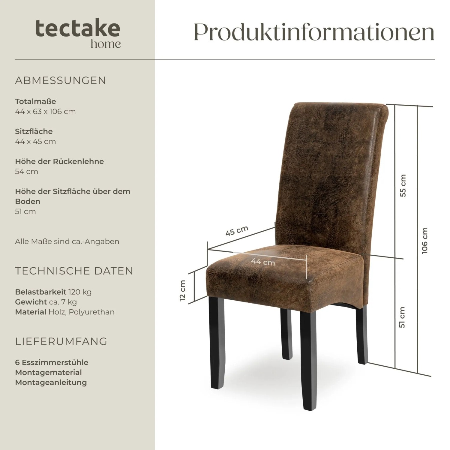 Tectake Esszimmerstuhl, brauner Kunstlederbezug, hohe Rückenlehne, Holzbeine, Maße eingezeichnet.