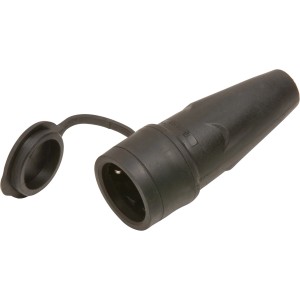 Schwarze Schutzkontakt-Kupplung aus Gummi mit Deckel für den Außenbereich.