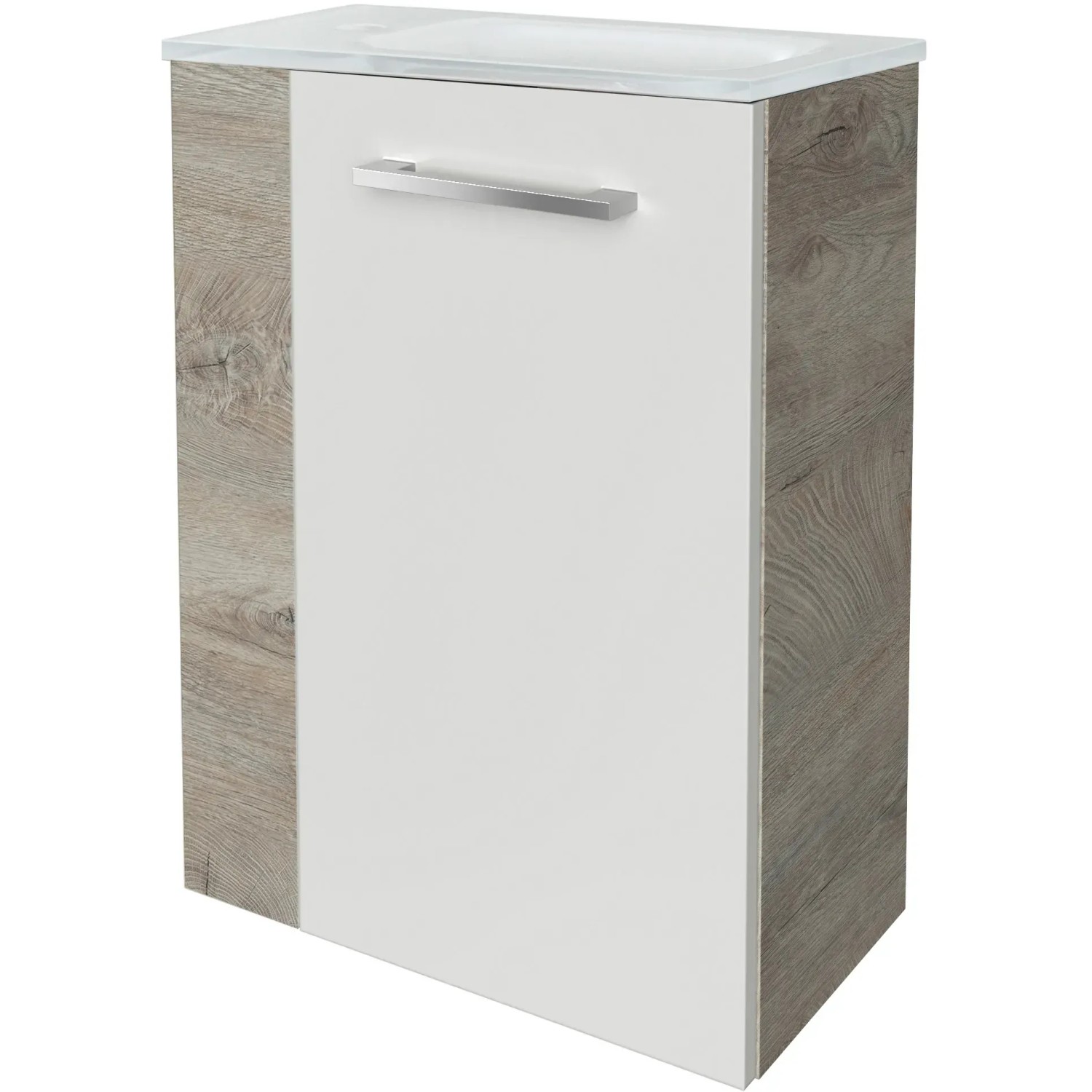 Fackelmann Waschbeckenunterschrank SBC Eiche Natur, 44 cm breit, mit weißer Front und Griff.