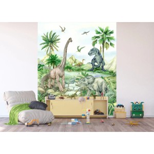 Sanders & Sanders Fototapete Dinosaurier Grün 2,25x2,7m im Kinderzimmer.