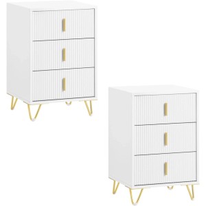 2er Set moderne Nachttische weiß-gold mit 3 geriffelten Schubladen und goldenen Metallbeinen für Schlafzimmer.