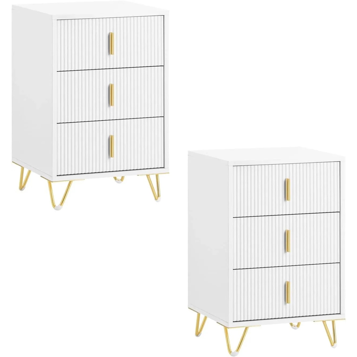 SoBuy 2er Set Nachttisch Weiß Gold Moderner Beistelltisch mit 3 Schubladen 40x63x40cm FBT115-L-Wx2