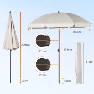Sekey Sonnenschirm 180cm mit Maßen: Höhe, Durchmesser, Packmaß und Details zum Mast.