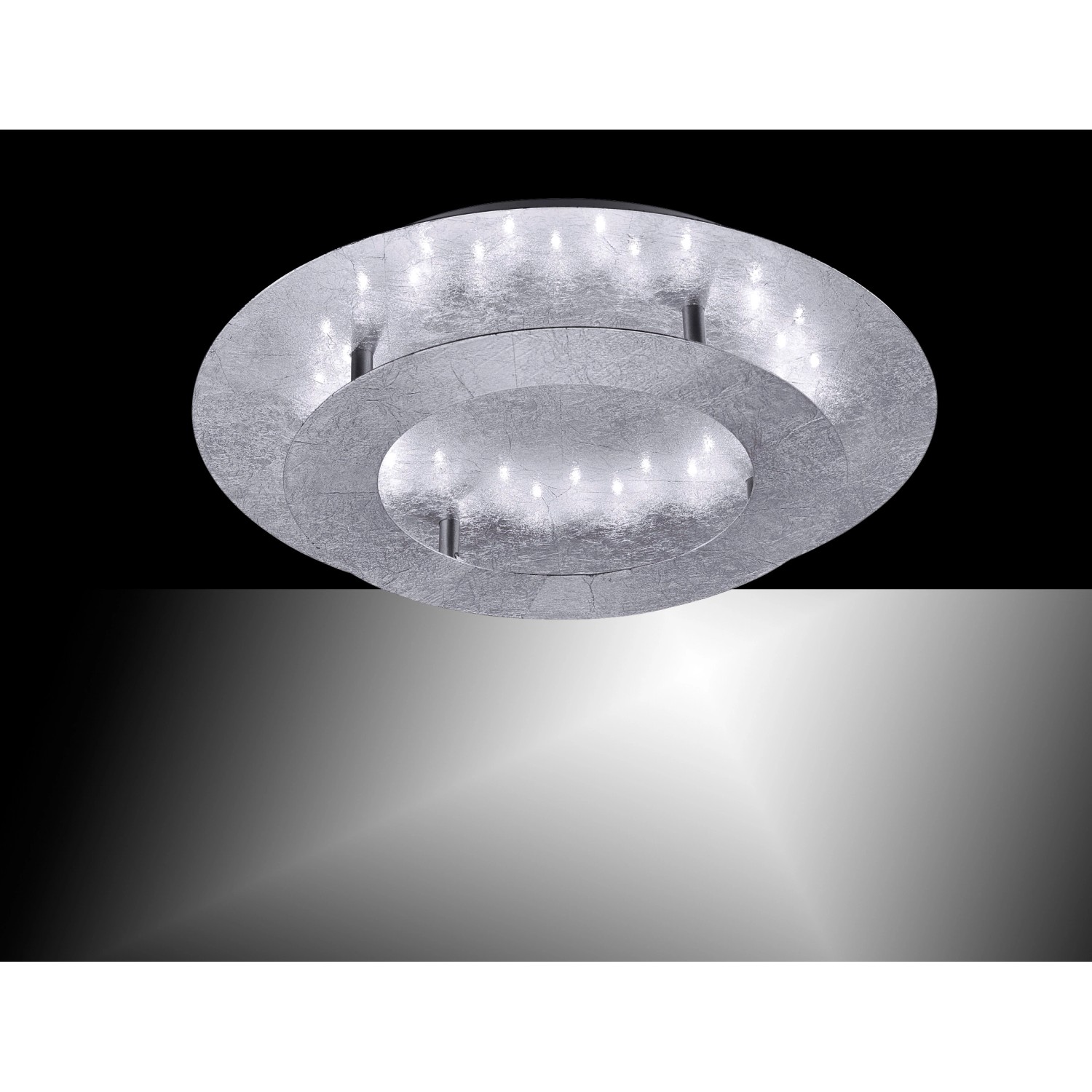 Moderne LED-Deckenleuchte Nevis in Silber, Ø 40 cm. Runde Form, edle Optik für Wohnräume.