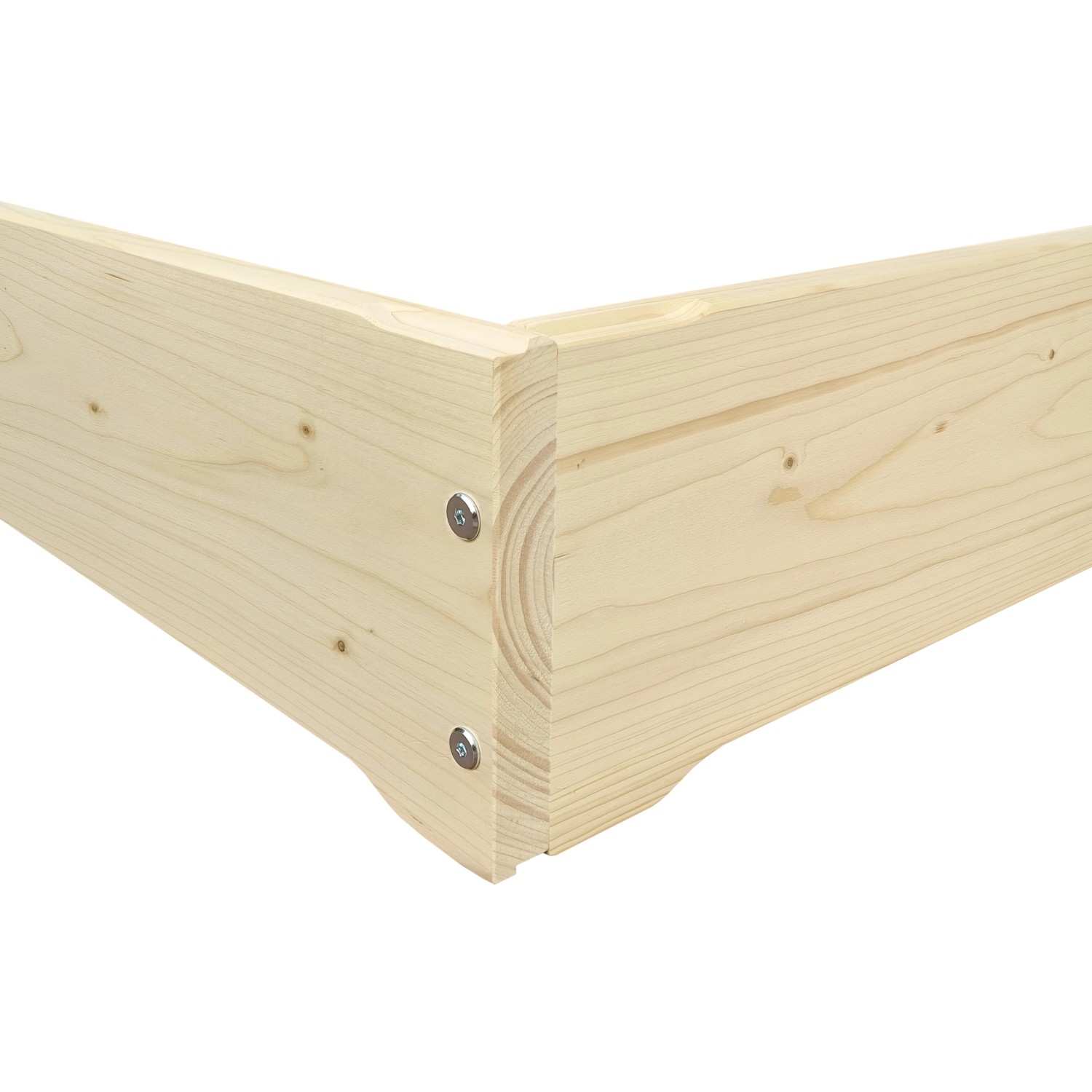 Detailansicht: Ecke des geölten Fichte Massivholz Stapelbetts 100x200 mit Rollrost.