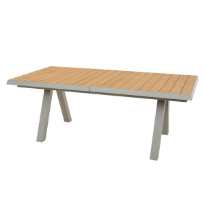 Ausziehbarer Siena Garden Gartentisch, HPL Seidengrau, 100x200 cm. Tisch mit Teakholz-Optik und grauem Gestell.