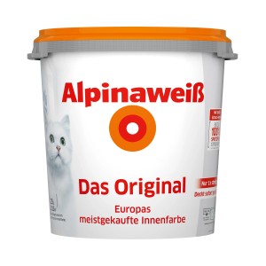 Eimer Alpinaweiß Das Original, 25 l, matte weiße Wandfarbe für Innen, mit Katzenmotiv.