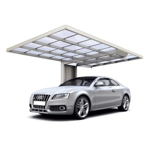 Ximax Einzelcarport Neo in Edelstahl-Optik mit transparentem Dach und silbernem Auto darunter.