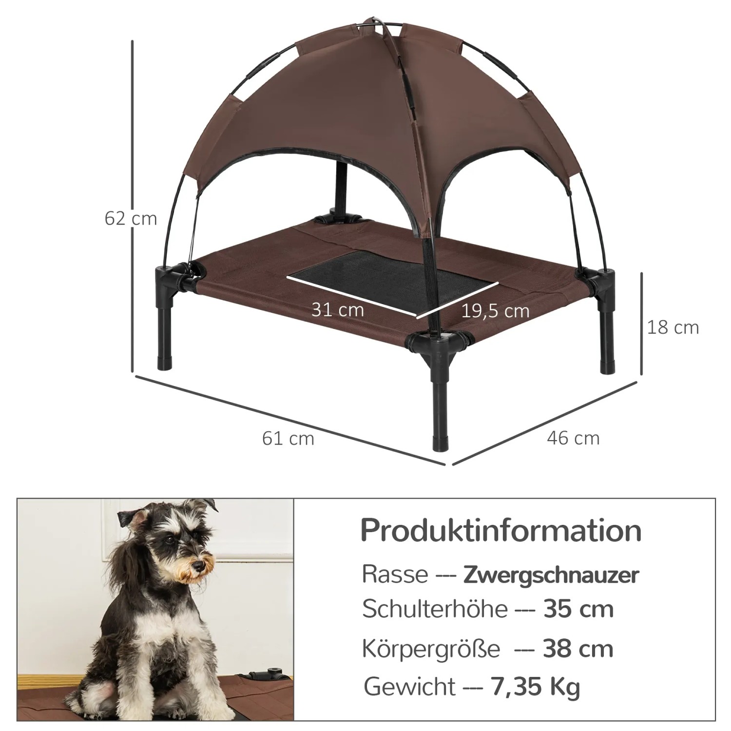 PawHut Hundebett, erhöht mit Baldachin, braun, klappbar für einfachen Transport.
