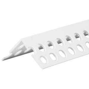 Weißer PVC-Eckschoner (25x25x2500 mm) für Gipskartonplatten mit Löchern.