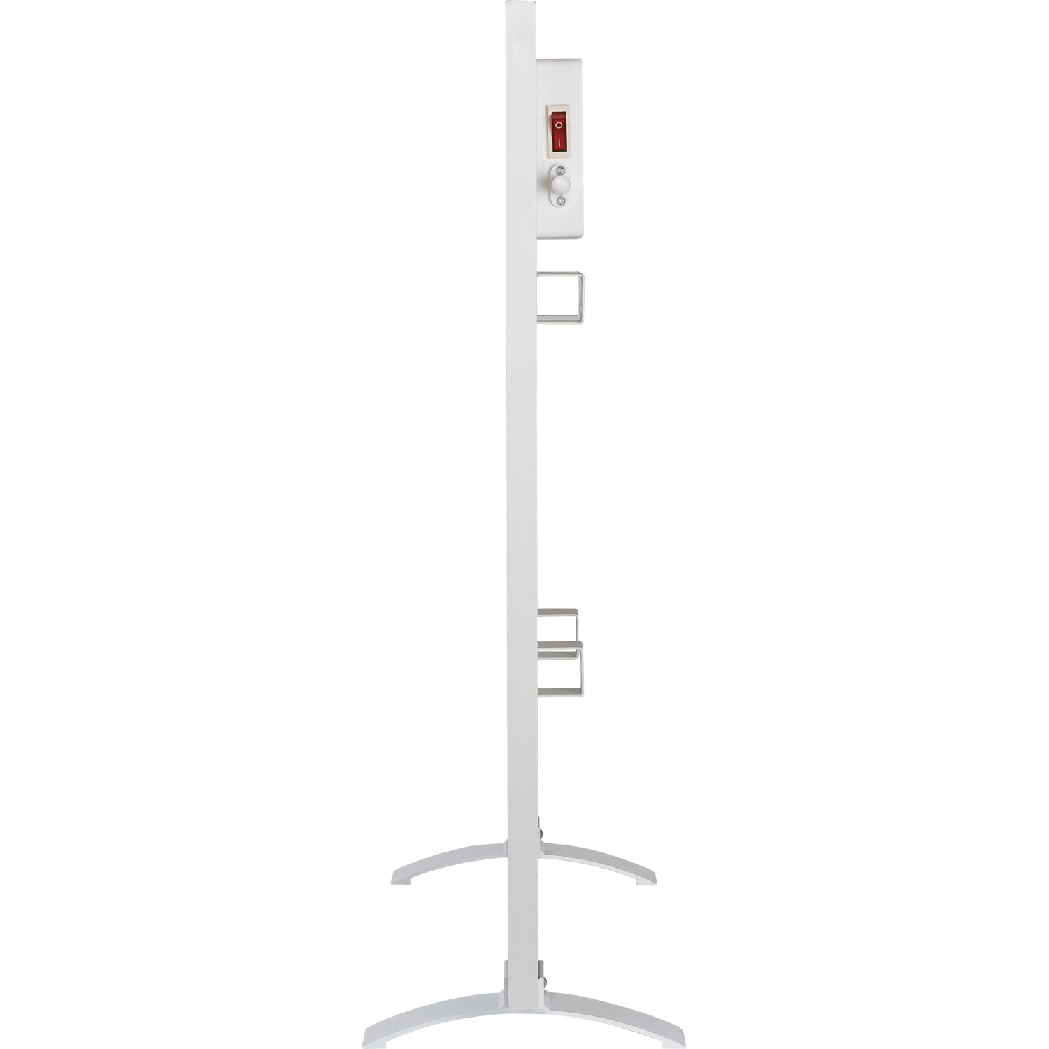 Weißes WiFi-Infrarot-Panel Odda 540 W, Seitenansicht mit Standfüßen. Elektrische Heizung für Innenräume.