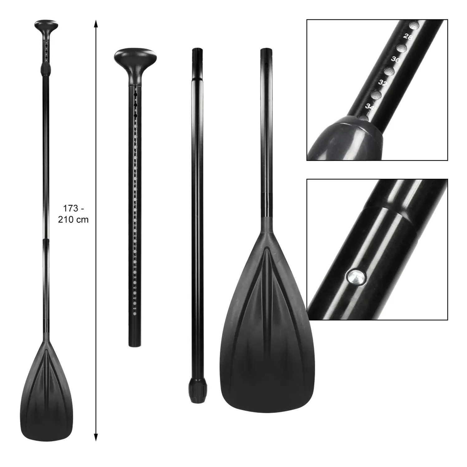 Schwarzes, dreiteiliges Paddel für ECD Germany Stand Up Paddle Board, verstellbar von 173-210 cm.