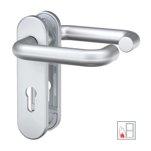 Feuerschutz-Türbeschlag Basi, Alu F1, Kurzschild, Drückergarnitur für Feuerschutztüren.