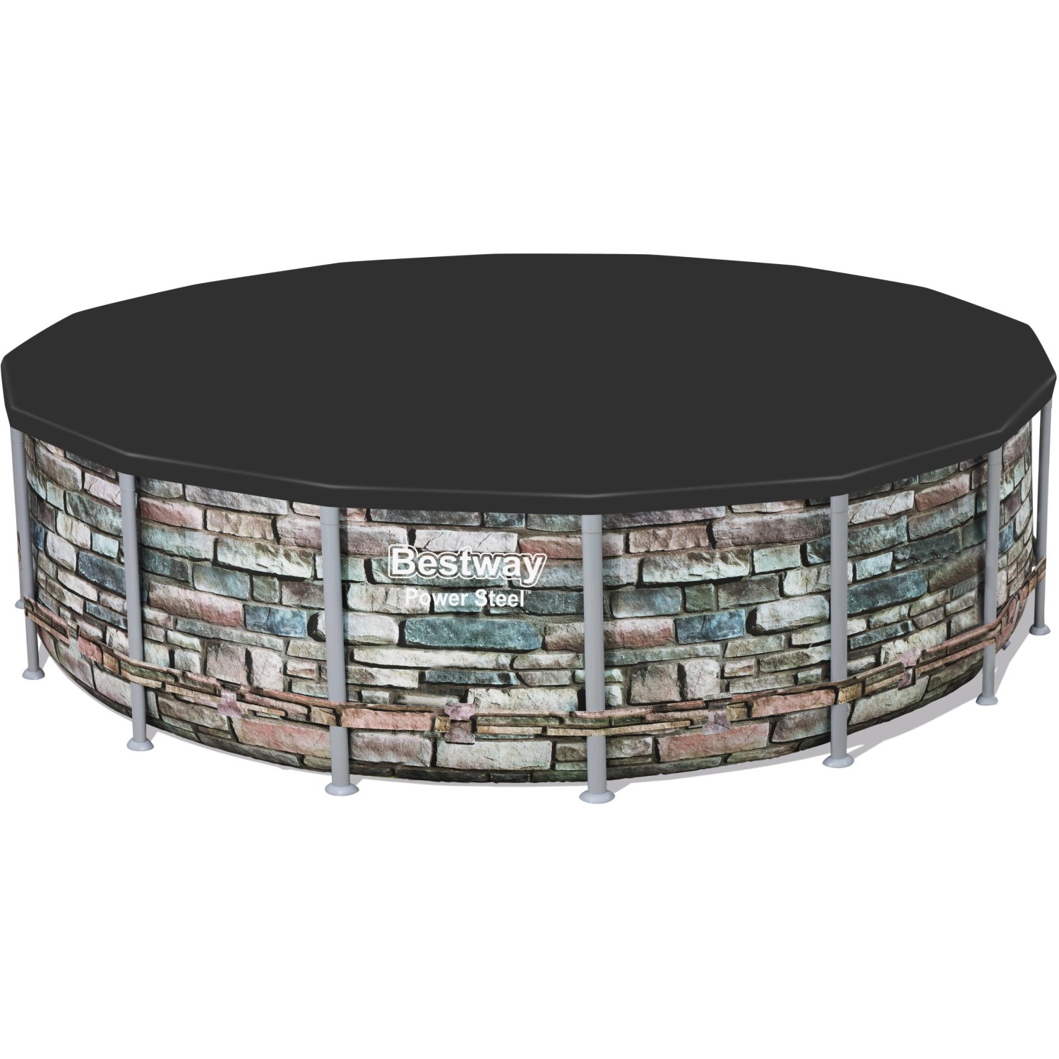 Bestway Pool Abdeckplane, schwarz, für Pools bis Ø 488cm. PVC-Plane mit Befestigungsseilen.