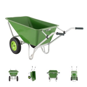 Grüne TRUTZHOLM 2 Rad Schubkarre XL mit 200L Mulde und Metallfelge.