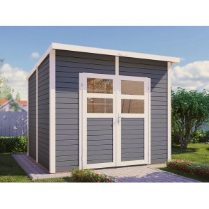 Graues Bertilo Holz-Gartenhaus Felix mit Doppeltür und Lichtausschnitten.