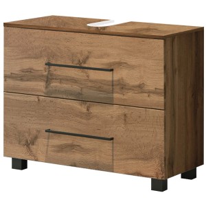 Held Möbel Waschbeckenunterschrank Rom, 70 cm, Wotaneiche mit zwei Schubladen und schwarzen Griffen.