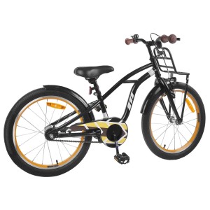 Schwarzes 20-Zoll-Kinderfahrrad für 6- bis 11-Jährige mit Gepäckträger vorne.