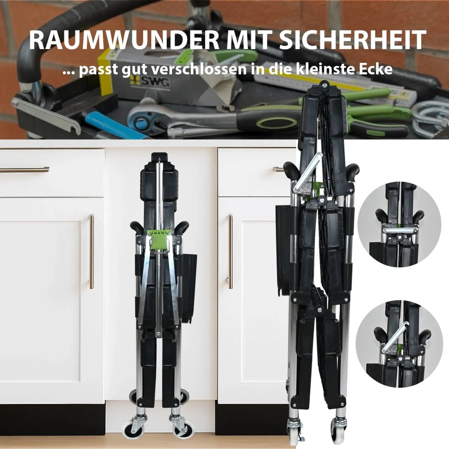 Zusammengeklappter TRUTZHOLM Montagewagen, platzsparend verstaubar. Werkstattwagen mit Rollen.