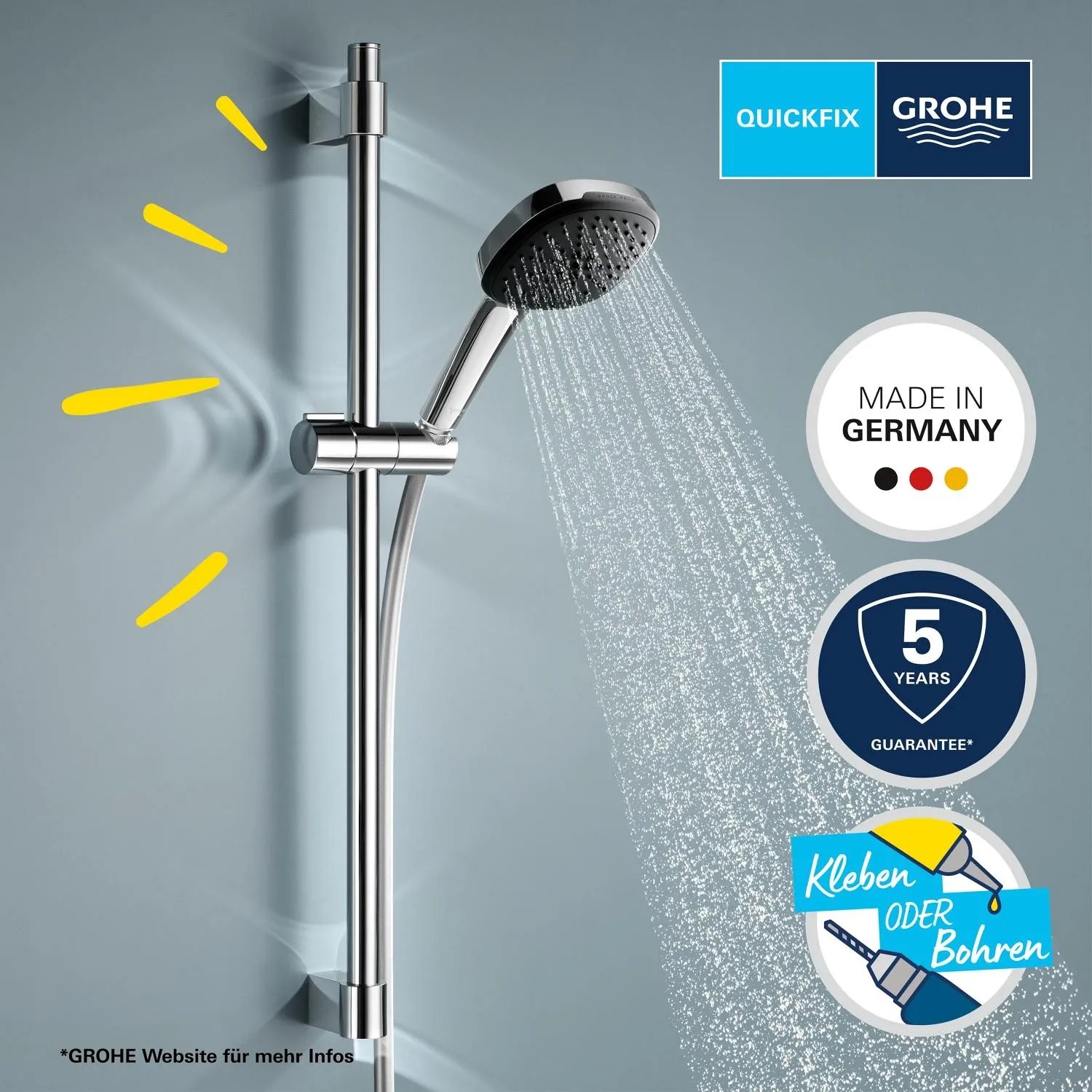 Grohe Brausegarnitur Vitalio Comfort 110 Chrom mit Wasserstrahl und Duschstange.