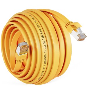 Gelbes, flaches 20m CAT 7 Patchkabel von hb-digital, aufgerollt. Ideal für Netzwerktechnik.