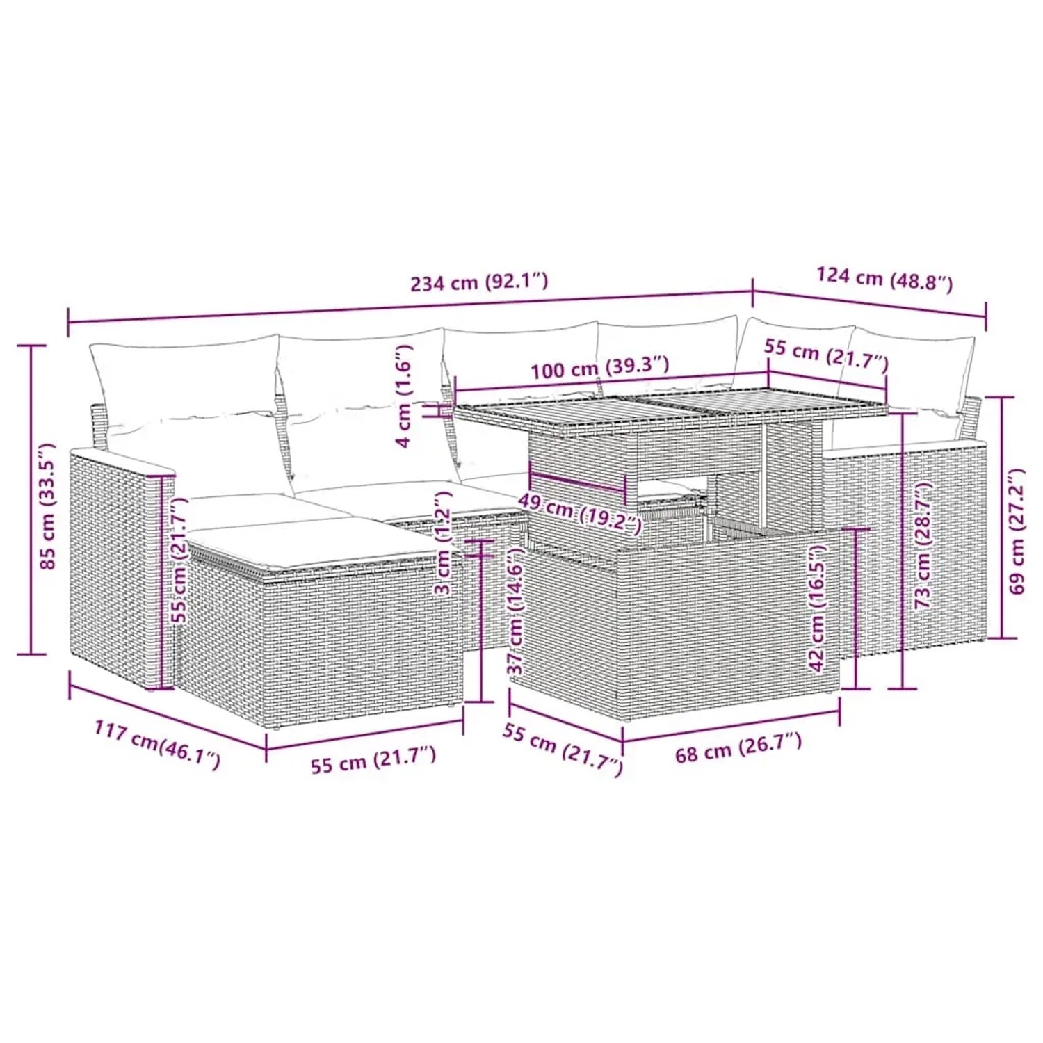 Graue 7-teilige Garten-Sofagarnitur aus Polyrattan mit Tisch, Hockern und blauen Kissen.