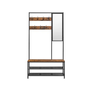 Vasagle Garderobenständer mit Spiegel, Sitzbank und Schuhregal in Braun-Schwarz, 35x98x180 cm.