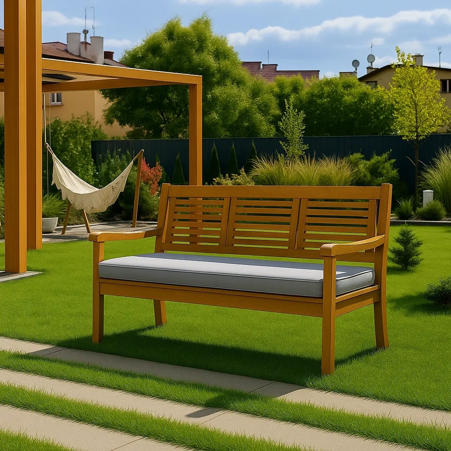 Graues Setgarden Kissen für 2-Sitzer Gartenbank (100x60x7cm) im Garten.