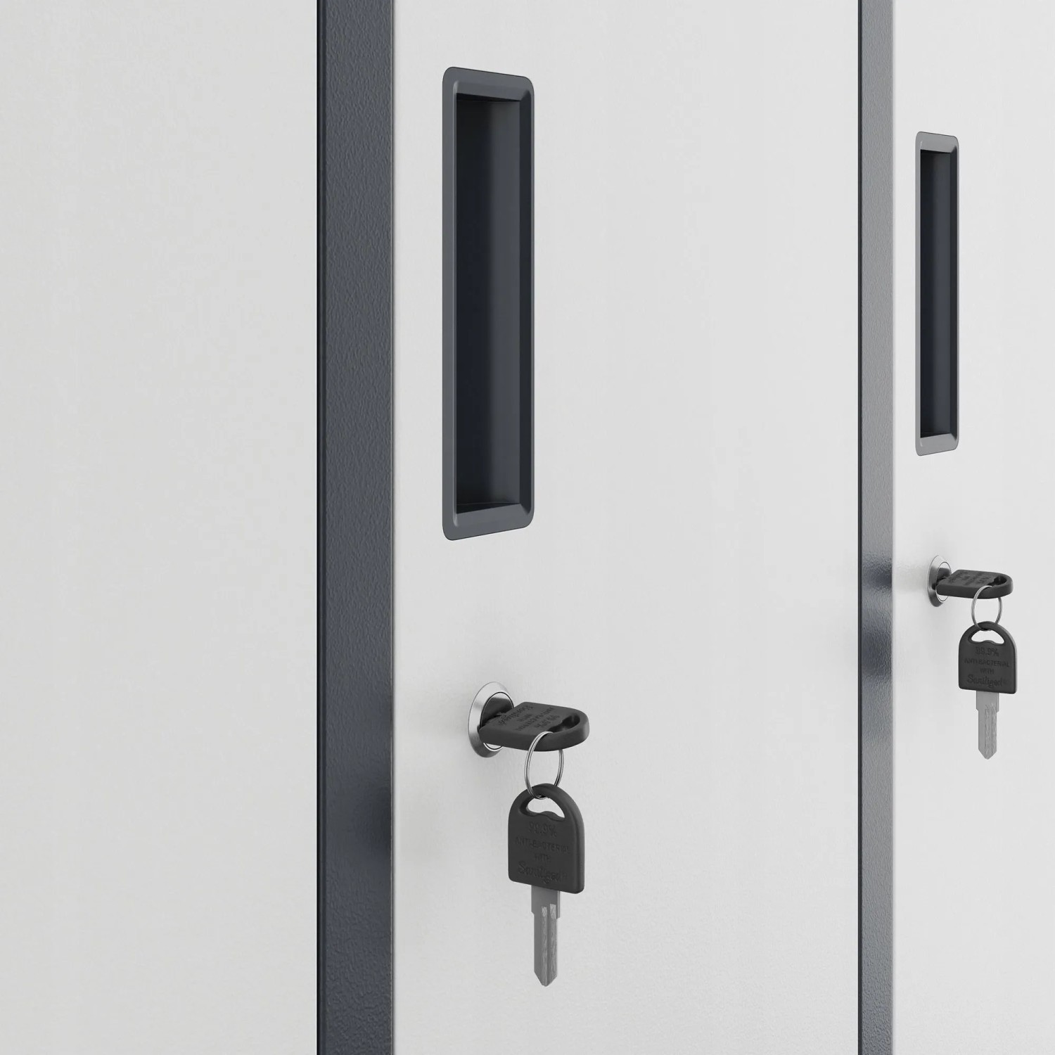 Detailaufnahme: Jan Nowak Metallspind, Umkleideschrank mit 10 Fächern, anthrazit/weiß, mit Schlüssel.