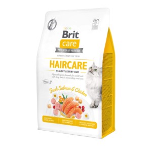 Brit Care Katzen-Trockenfutter Adult Haircare Lachs & Huhn, 400g Packung für glänzendes Fell.