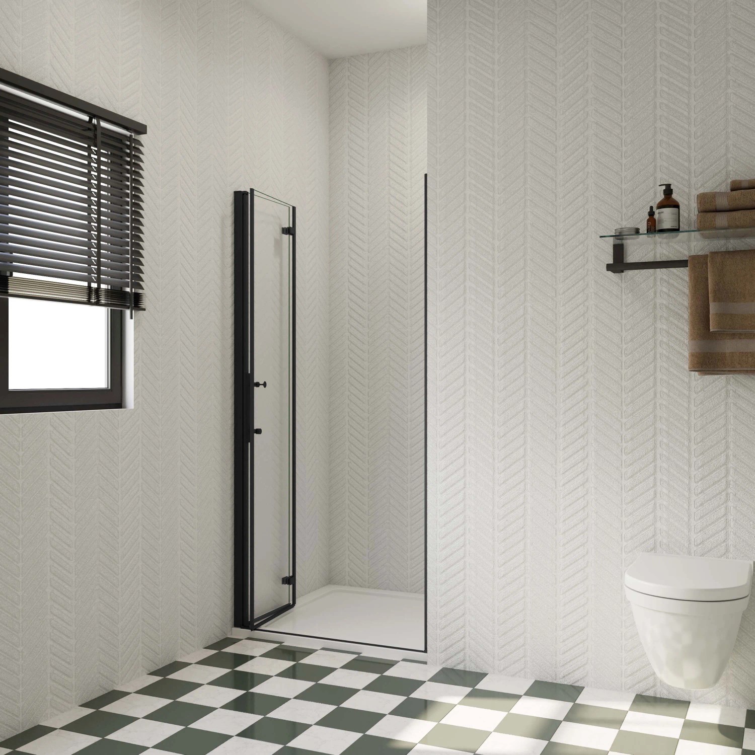 Schwarze AICA Falttür Duschabtrennung mit ESG Glas in modernem Badezimmer.