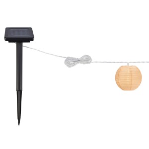 Solar-Lichterkette Martelli mit buntem Lampion und Solarpanel mit Erdspieß.