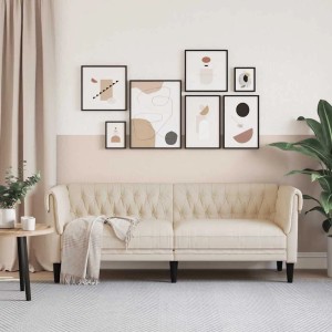 Beiges vidaXL 3-Sitzer Chesterfield Sofa aus Leinen im Wohnzimmer.