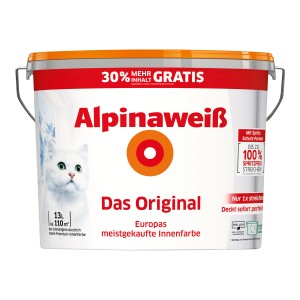 Eimer Alpina Innenfarbe Alpinaweiß Das Original, 13 Liter. Weiße Wandfarbe mit Katze.