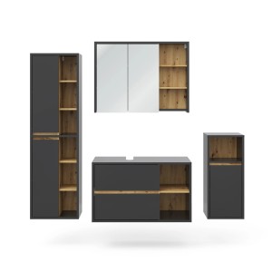 Vicco Badmöbel-Set Viola, 4-teilig, Anthrazit/Eiche: Spiegelschrank, Hoch-, Unter- und Midischrank für Ihr Badezimmer.