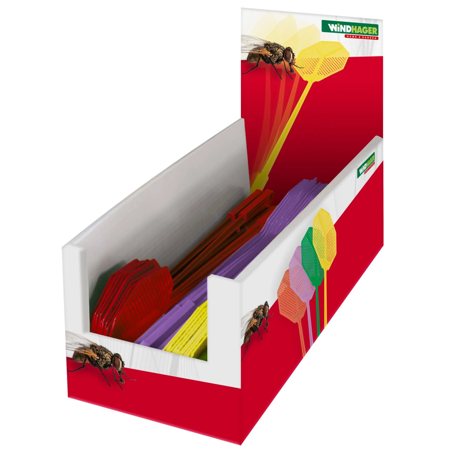 Windhager Fliegenklatschen, 45 cm, in verschiedenen Farben im Verkaufsdisplay.