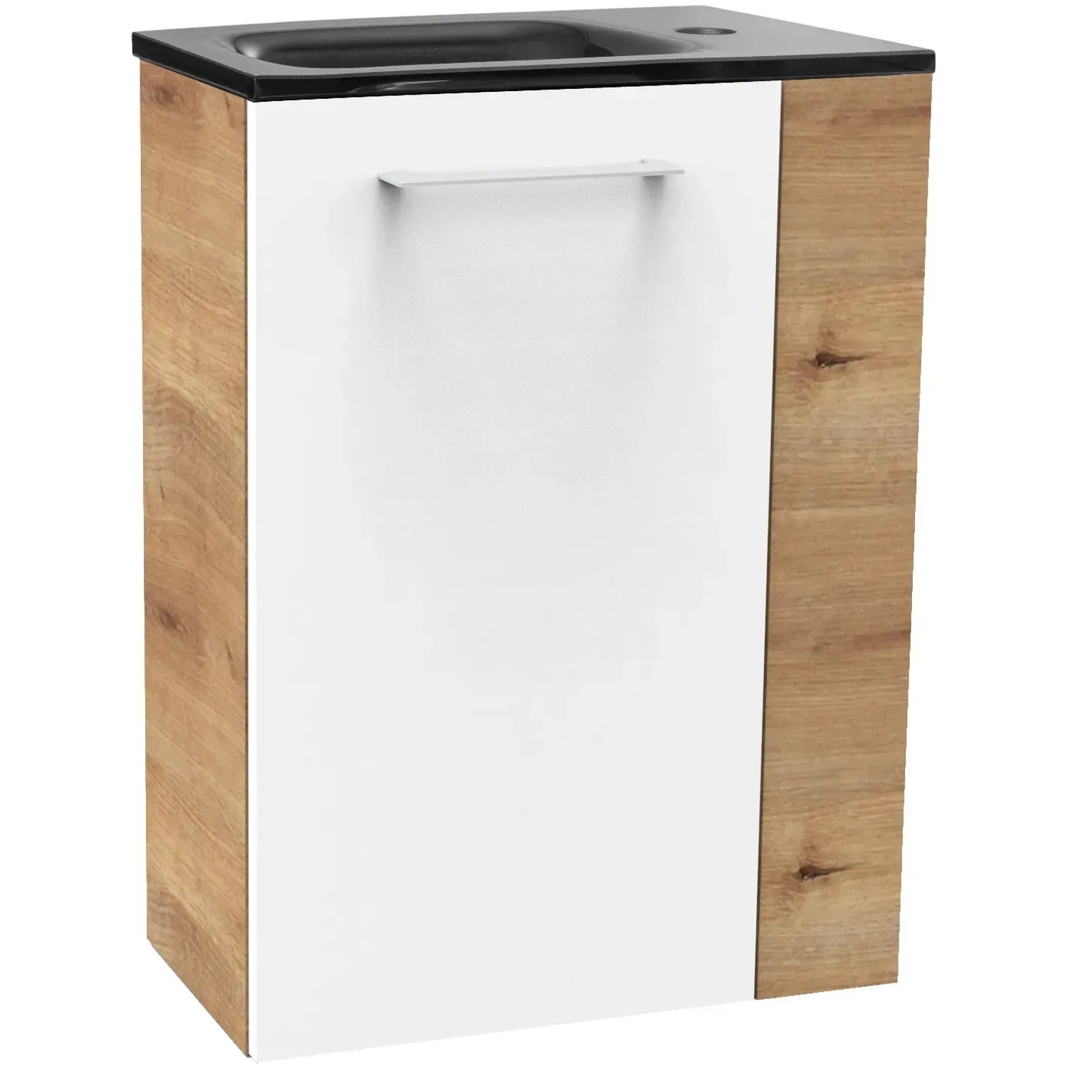 Fackelmann Waschbeckenunterschrank SBC Asteiche, 44 cm breit, mit weißer Front und schwarzem Waschbecken.