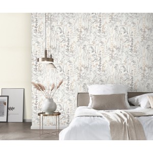 Erismann Vliestapete Casual Chic Blumenwiese Cottage Creme im Schlafzimmer.