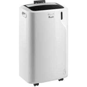 Weißes DeLonghi Klimagerät PAC EM90 Silent mit Rollen und digitalem Bedienfeld.