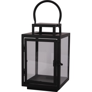 Schwarze Metalllaterne, 22,5 cm hoch, mit Glaseinsätzen und Tragegriff für stimmungsvolle Beleuchtung.