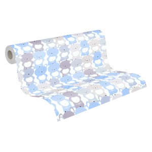 Vliestapete mit blau-grauen Tiermotiven für das Kinderzimmer, Rollenansicht.